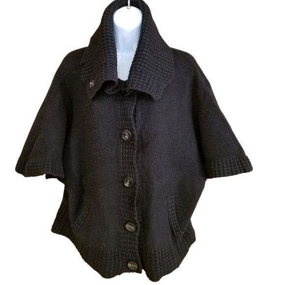 Vintage Caslon Cardigan Sweater Short Sleeve Womens L Black Chunky Knit Cowl Nec - Picture 1 of 10